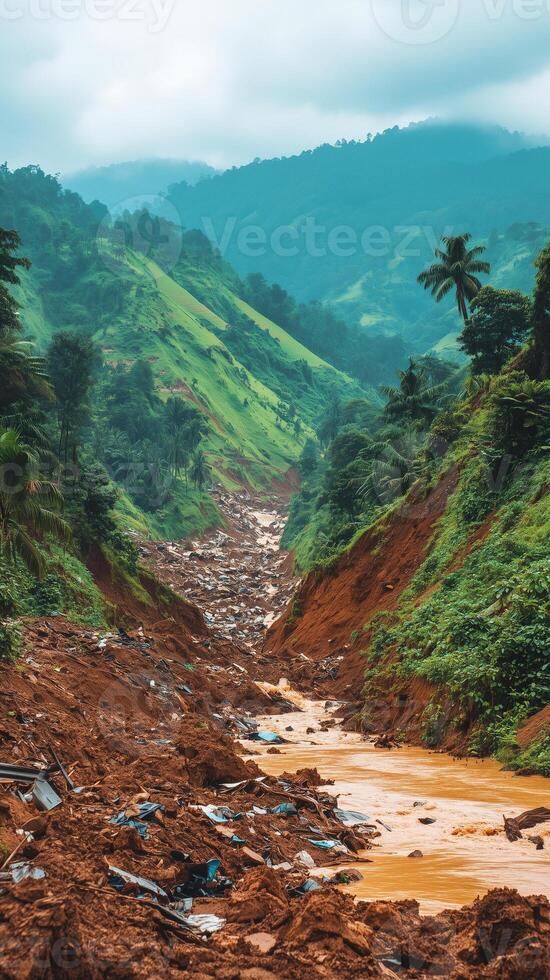 Landslide debris covering mountain slope after heavy rainfall event , photorealistic wallpaper photo