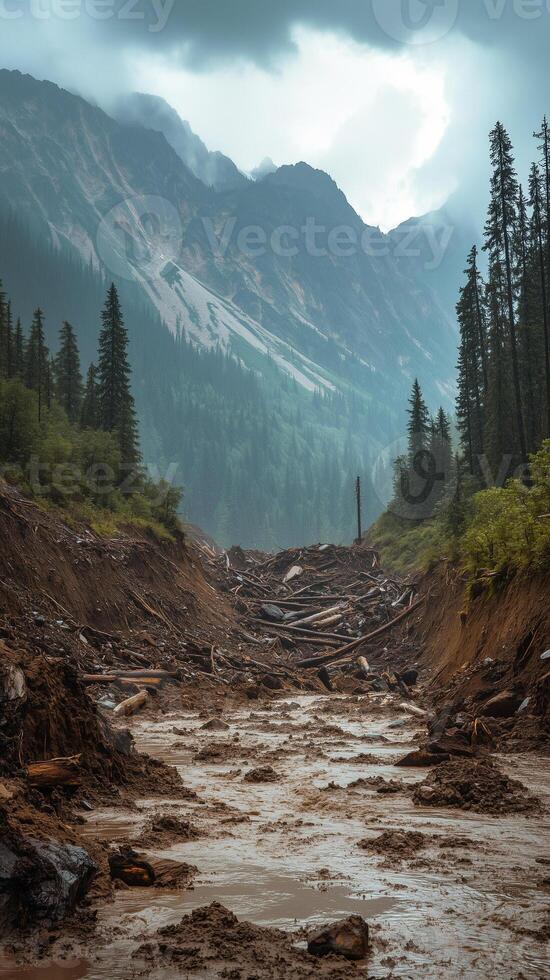 Landslide debris covering mountain slope after heavy rainfall event , photorealistic photo