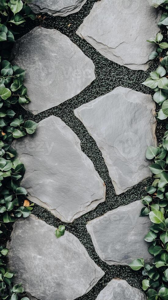 Leaves scattered across stones on a garden path , photorealistic photo