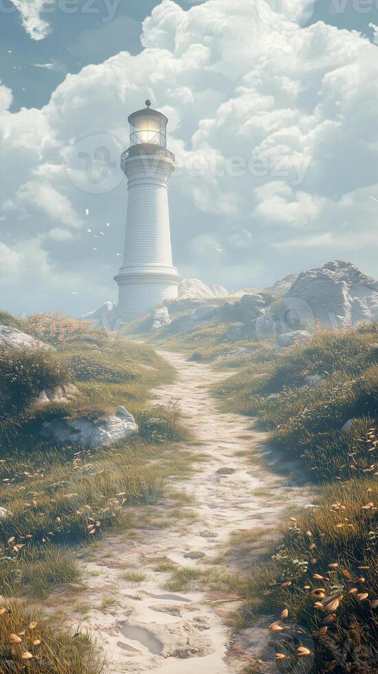 Lighthouses mark coastlines with paths winding through grass to the shore , photorealistic wallpaper photo