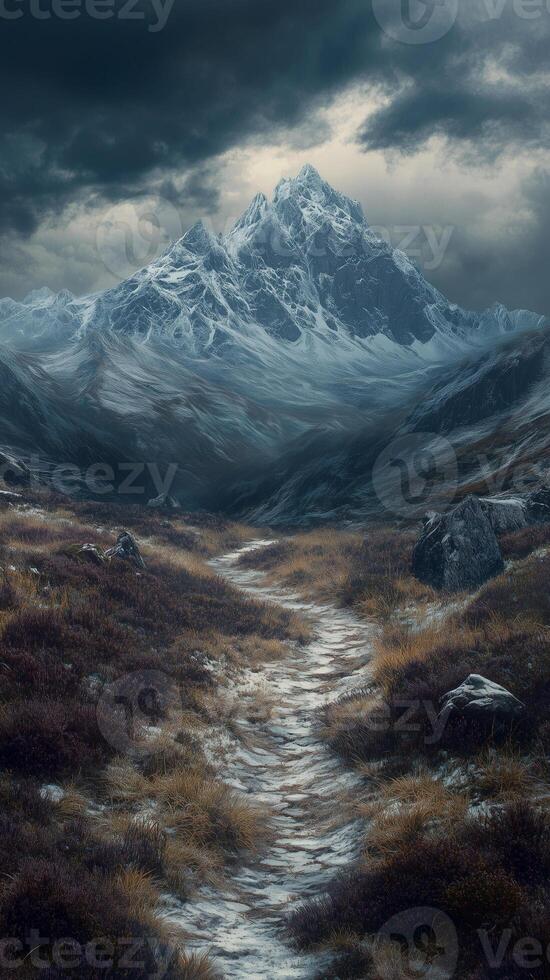 Path winding through heath towards mountain peaks , photorealistic wallpaper photo