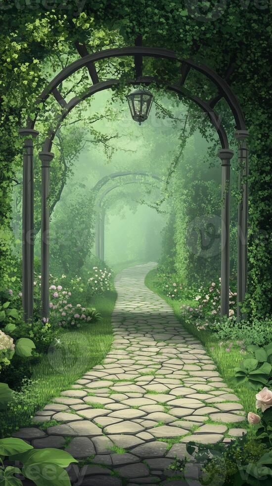 Pergolas shading pathways between garden sections , photorealistic wallpaper photo