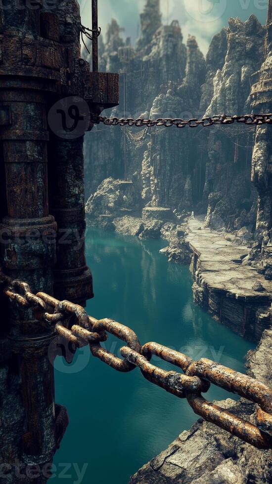 Rock formations anchor chains across floating platforms , photorealistic photo