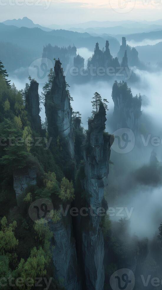 Rock spires piercing through cloud layers , photorealistic wallpaper photo