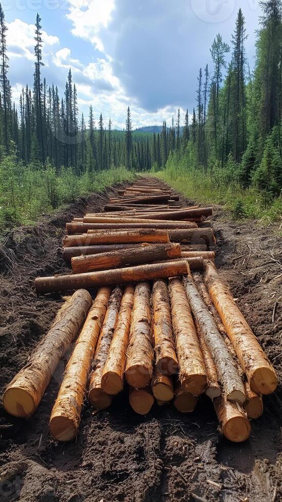Stack of logs lying beside a cleared forest section , photorealistic wallpaper photo