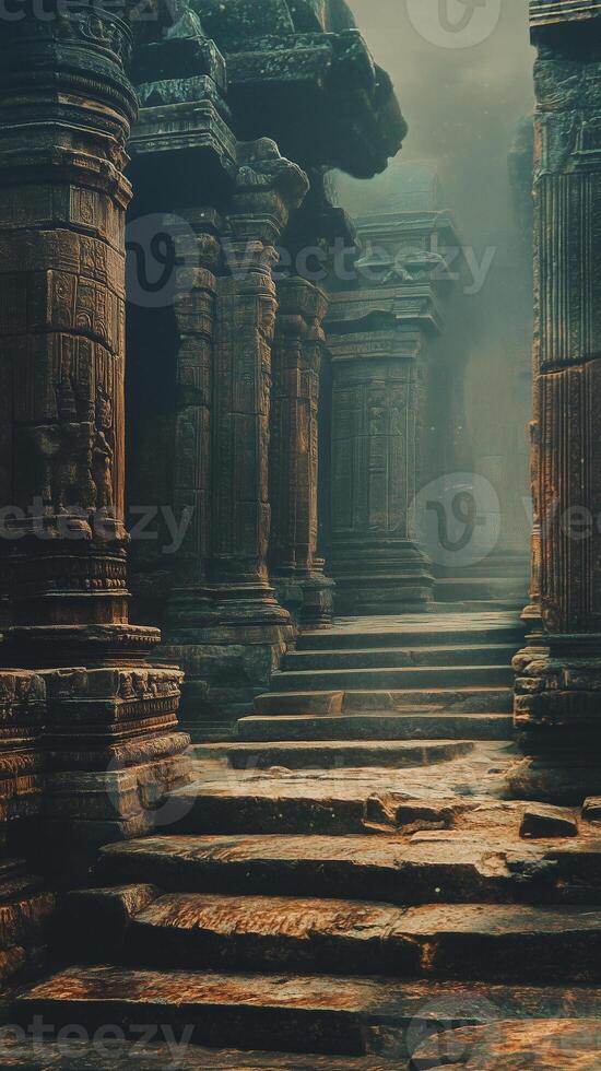 Steps lead to platform foundations where temples once stood , photorealistic wallpaper photo