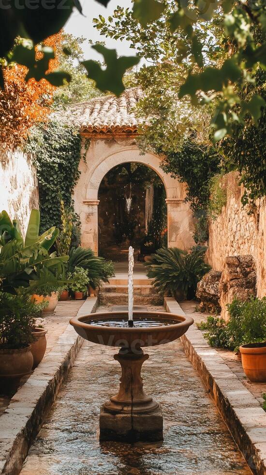Stone fountains centered between building walls , photorealistic photo