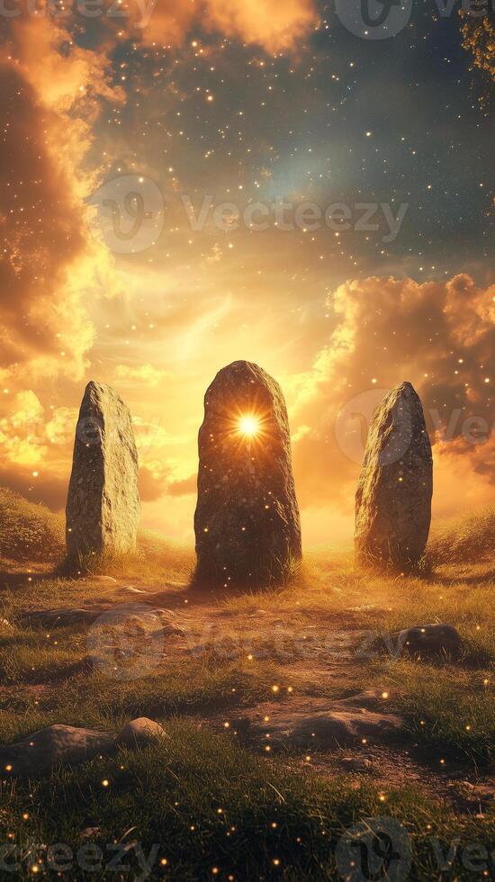 Stone circles in fields with altar stones at center for ritual use , photorealistic wallpaper photo