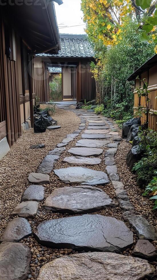 Stone pathways connecting doorways through gardens , photorealistic wallpaper photo