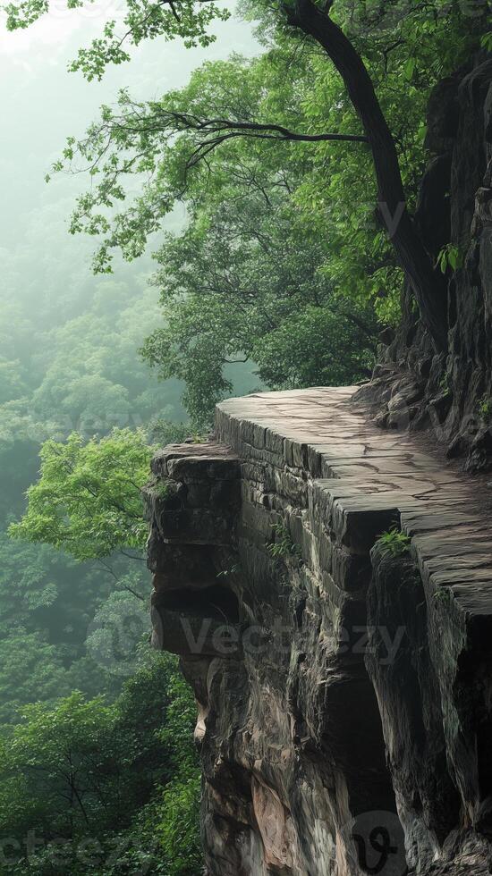 Stone platforms extending from cliff edges , photorealistic photo