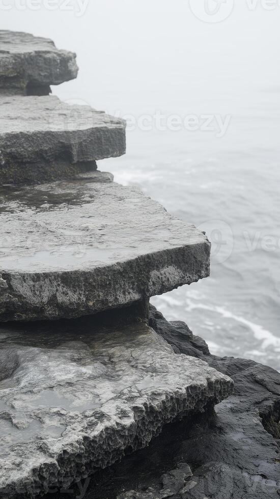 Stone platforms extending from cliff edges , photorealistic wallpaper photo