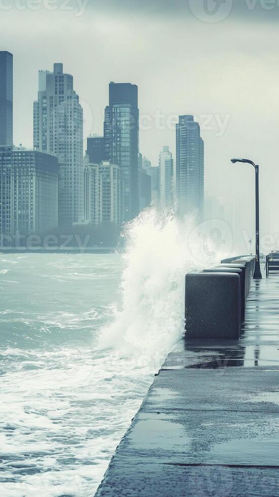 Storm surge waves crashing over a seawall into city streets , photorealistic photo