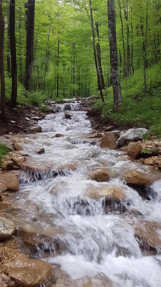 Stream cascades over rocks between forest banks , photorealistic photo