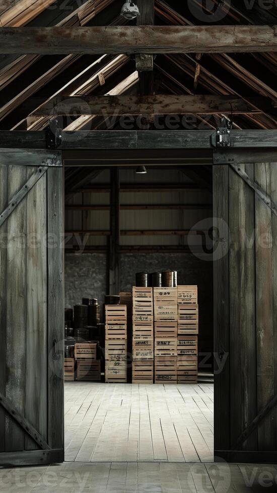 Barn doors open to reveal stacks of crates and equipment, wallpaper photo