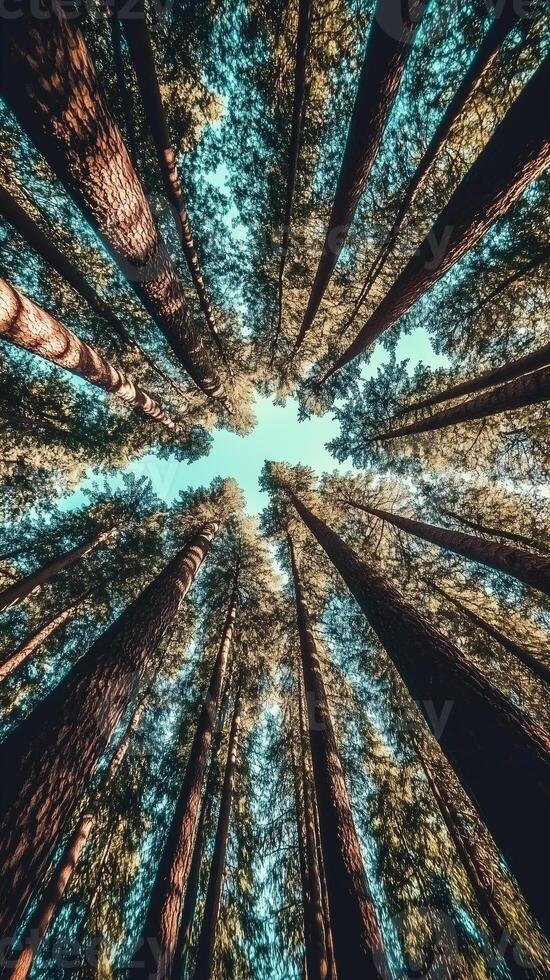 Forest canopy opens to the sky through gaps between branches, wallpaper photo