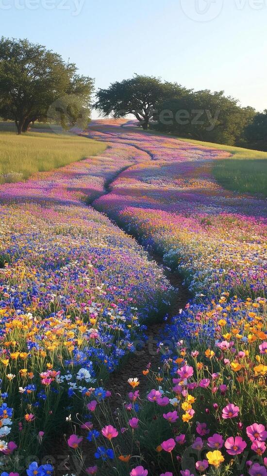Fields of wildflowers stretch toward tree lines at the horizon point, wallpaper photo