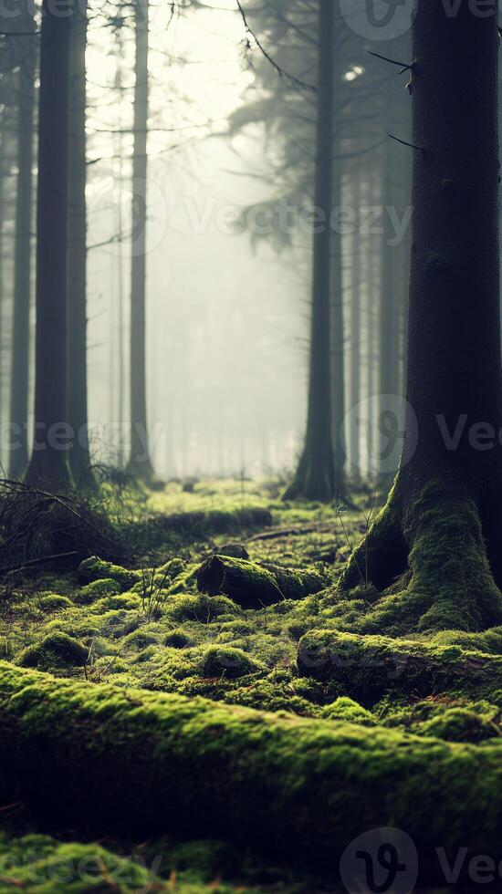 Moss-covered logs spread across forest floor beneath tree canopy, wallpaper photo