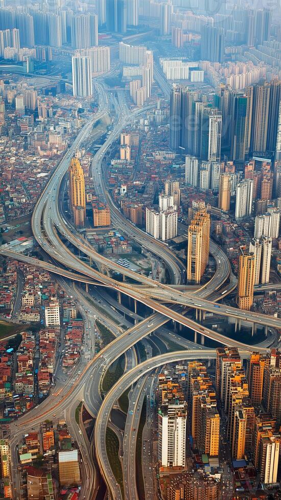 Overpasses curving through clusters of buildings across the cityscape, wallpaper art photo