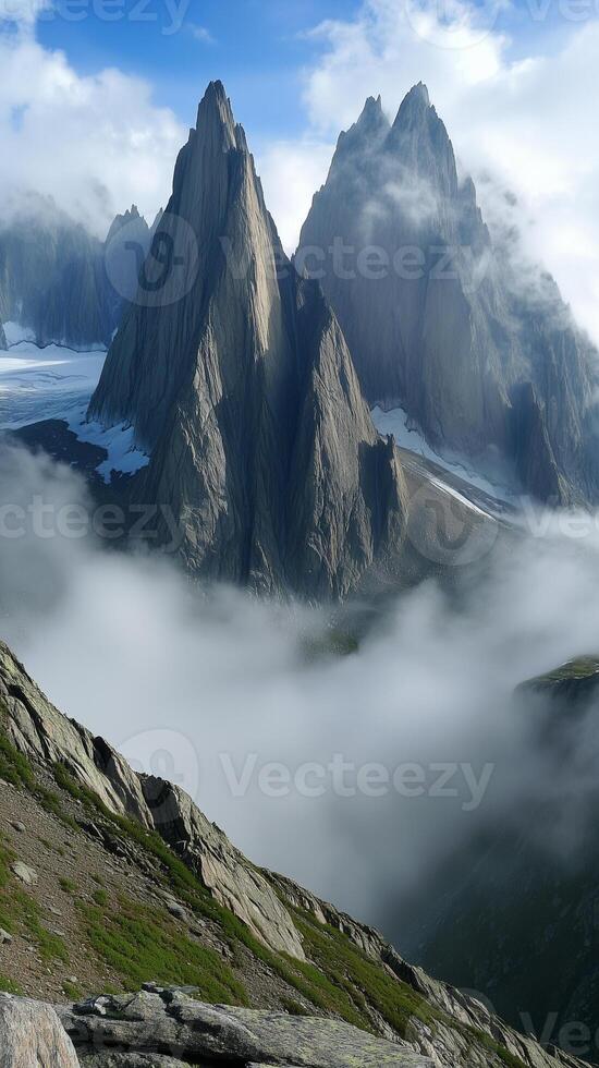 Peaks emerge through fog layers in a mountain chain sequence, wallpaper art photo
