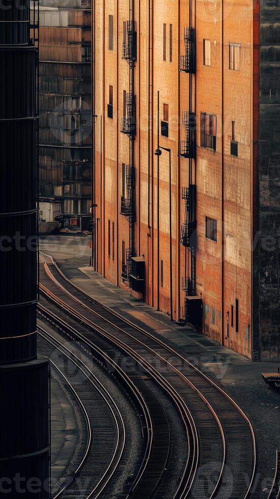 Railway lines curving between rows of warehouses, wallpaper art photo