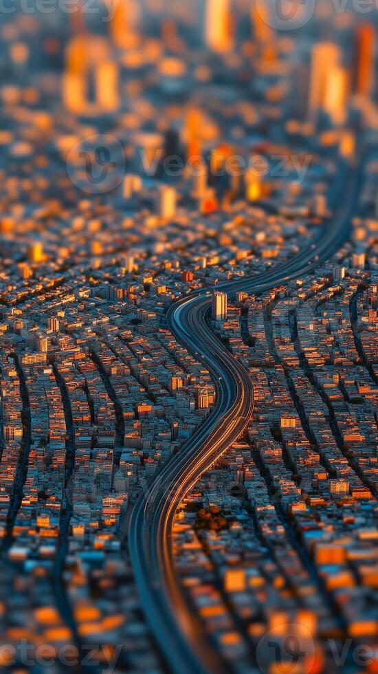 Curving roads winding through clusters of buildings toward the city center, wallpaper photo