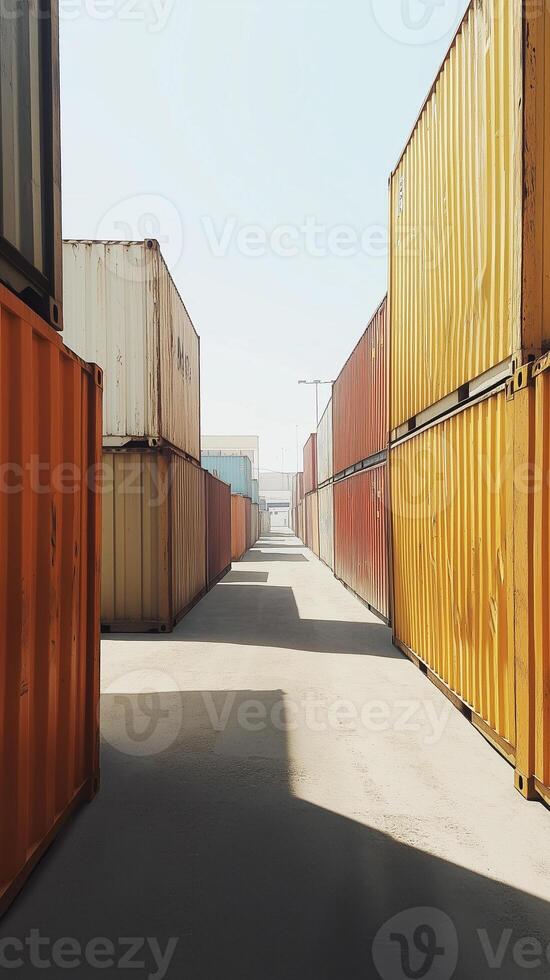 Shipping containers stacked between warehouse loading areas, wallpaper photo