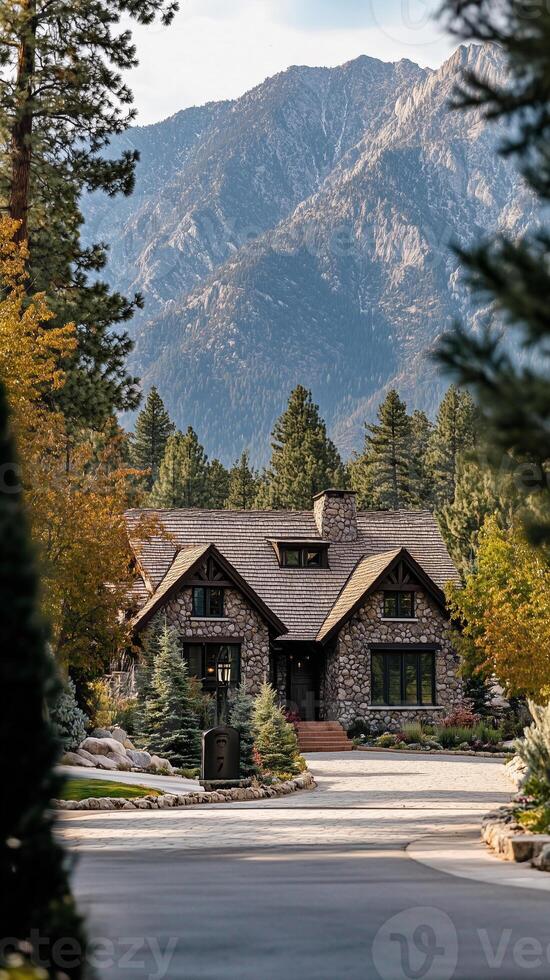 Stone cottage nestled among pine trees with distant mountains in background, wallpaper photo