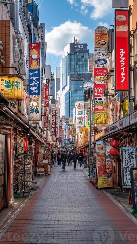 Store signs extending from buildings over pedestrian paths, wallpaper photo