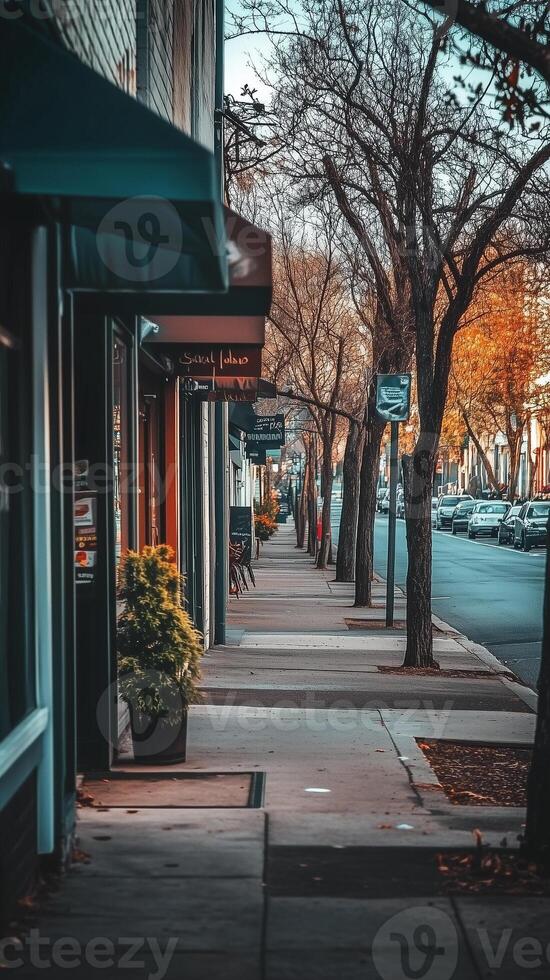 Storefronts lining sidewalks leading toward a visible intersection ahead, wallpaper art photo