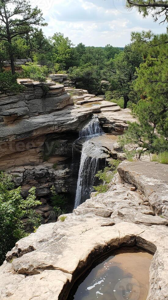 Waterfalls pour over cliff edges into basins surrounded by rocks, wallpaper photo