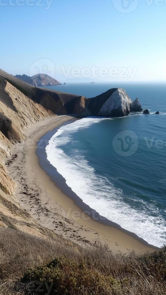 Beach curves toward headland where cliffs meet the ocean, photorealistic photo