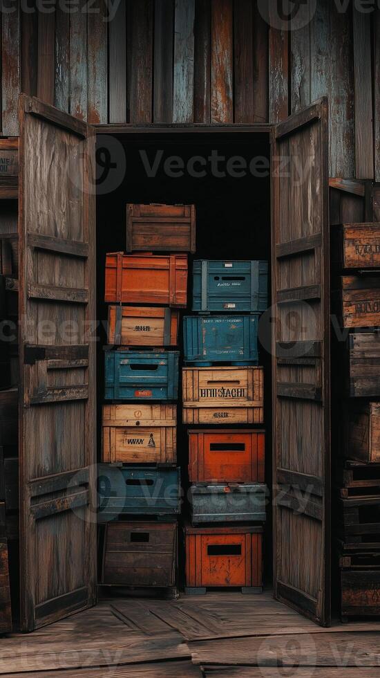 Barn doors open to reveal stacks of crates and equipment, photorealistic photo