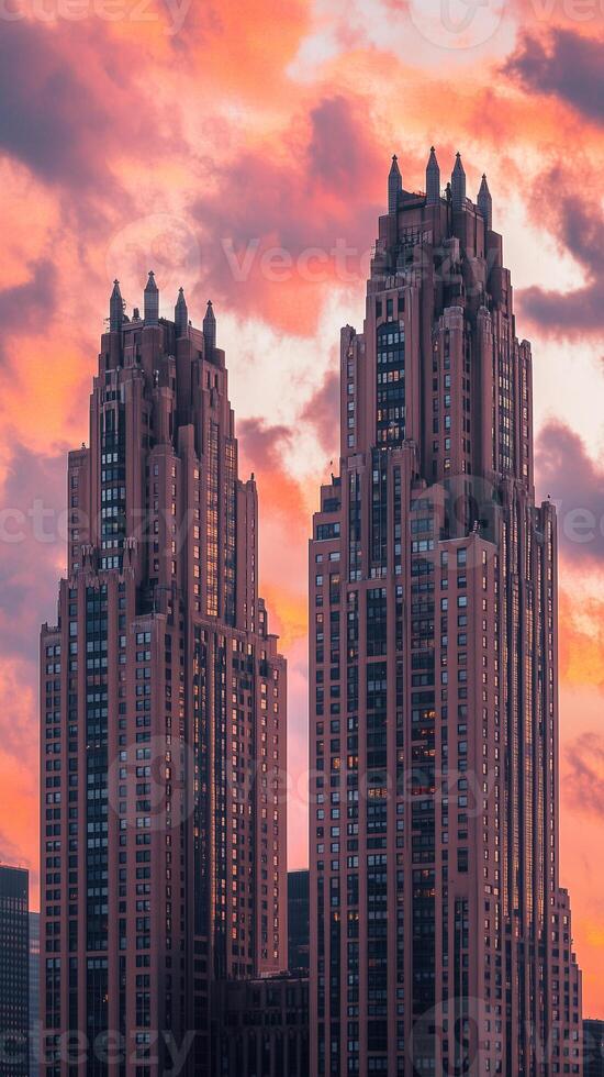 Building tops creating a jagged line against the evening sky, photorealistic wallpaper photo