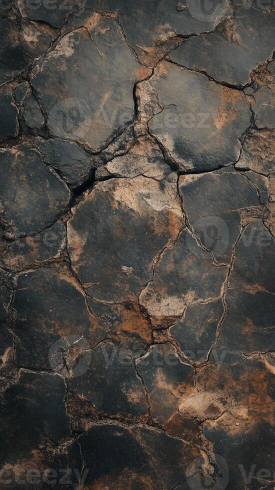 Cracks form across desert floor between scattered rocks, photorealistic photo