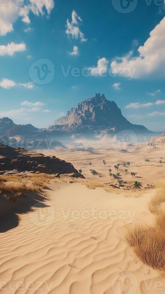 Dunes create wave-like formations with mountains in backdrop, photorealistic wallpaper photo