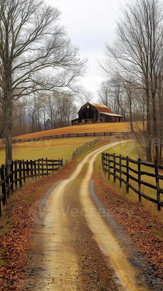 Dirt path winding between wooden fences toward a barn on a hilltop, photorealistic photo