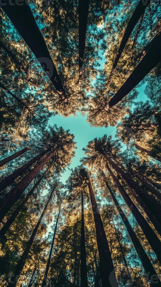 Forest canopy opens to the sky through gaps between branches, photorealistic photo