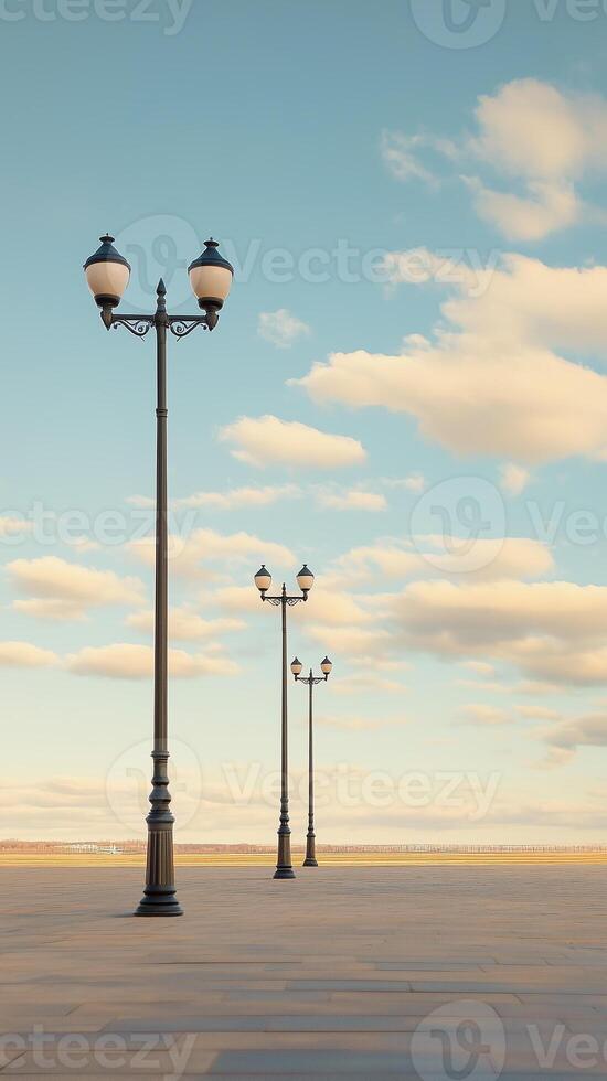 Light poles marking pathways through plaza area, photorealistic photo