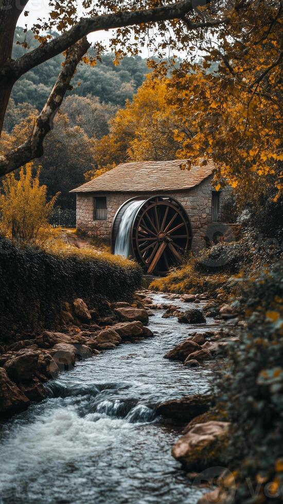 Mill wheel turns beside stream with forest in background, photorealistic photo