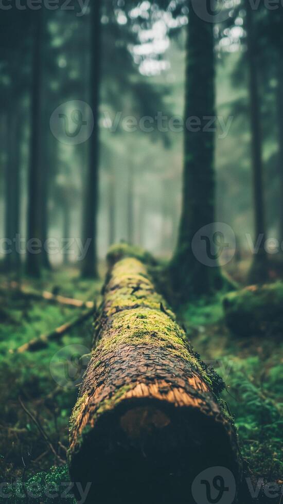Moss-covered logs spread across forest floor beneath tree canopy, photorealistic wallpaper photo