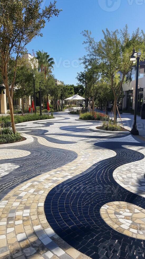 Patterned pavers covering plaza ground surface, photorealistic wallpaper photo