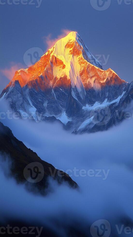Peaks emerge through fog layers in a mountain chain sequence, photorealistic wallpaper photo
