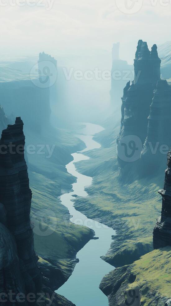 Rivers wind through valleys between rock formations into a distant horizon, photorealistic photo