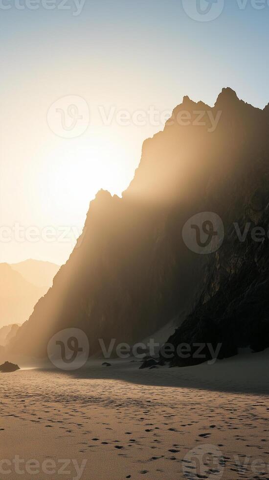 Rocky formations rise from sand, silhouetted like desert mountains, photorealistic photo