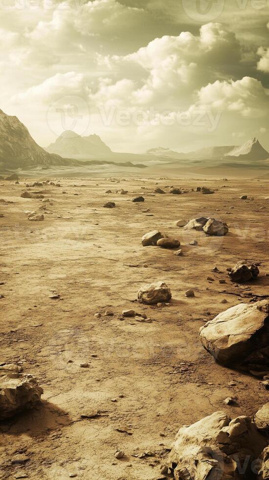 Rocks scattered across desert plain toward distant formations, photorealistic wallpaper photo