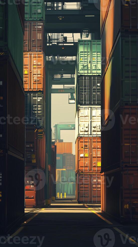 Shipping containers stacked between warehouse loading areas, photorealistic photo