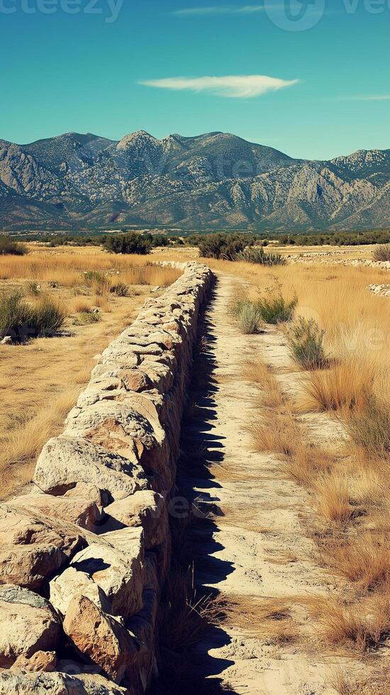 Stone wall stretches through heath toward mountains on horizon, photorealistic wallpaper photo