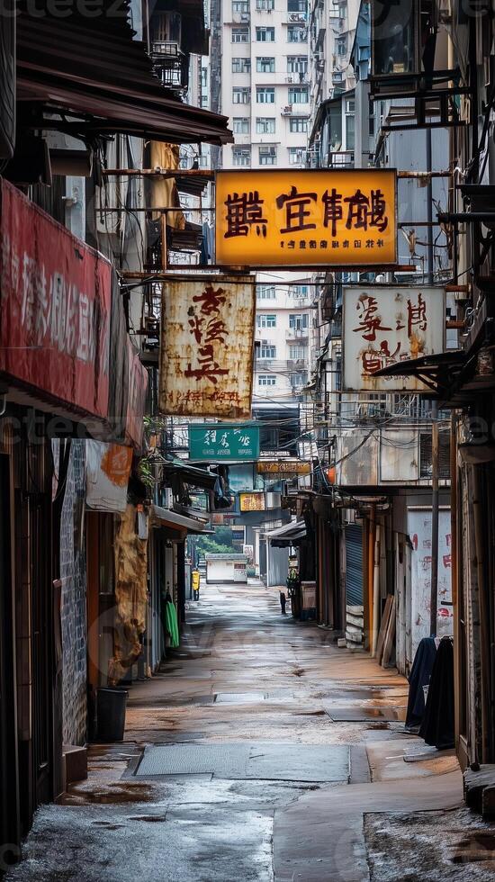 Store signs extending from buildings over pedestrian paths, photorealistic photo