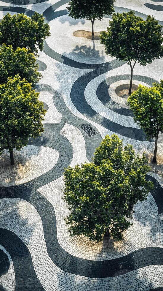 Trees arranged in patterns across plaza paving, photorealistic wallpaper photo