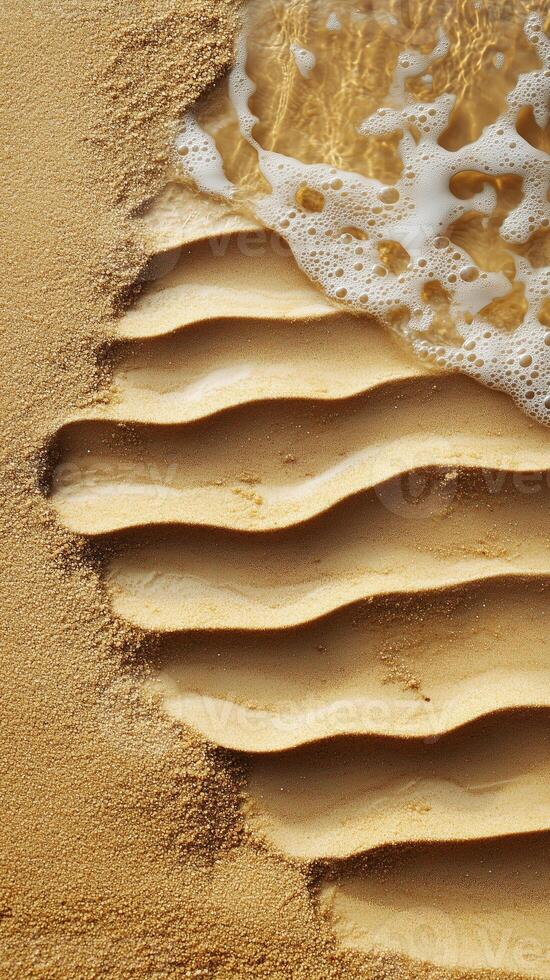 Waves break on shore creating patterns in sand, photorealistic photo